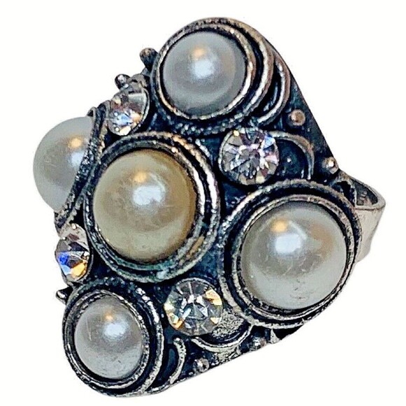 Vintage White Pearl Rhinestone Cocktail Ring Sz 6.5 Antiqued Finish Adjustable - Picture 3 of 16
